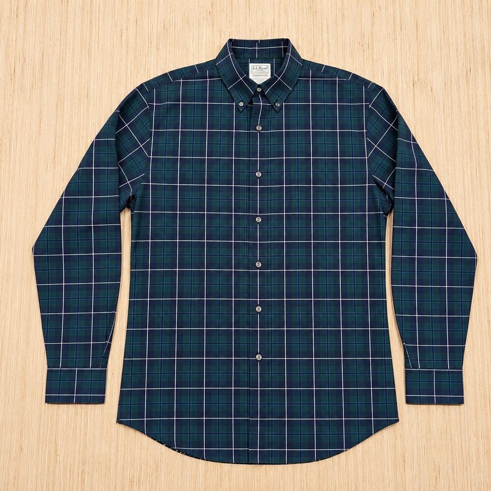 L.L.Bean Mens M-Tall Plaid Button Down Shirt 100% Cotton Green Navy Long Sleeve